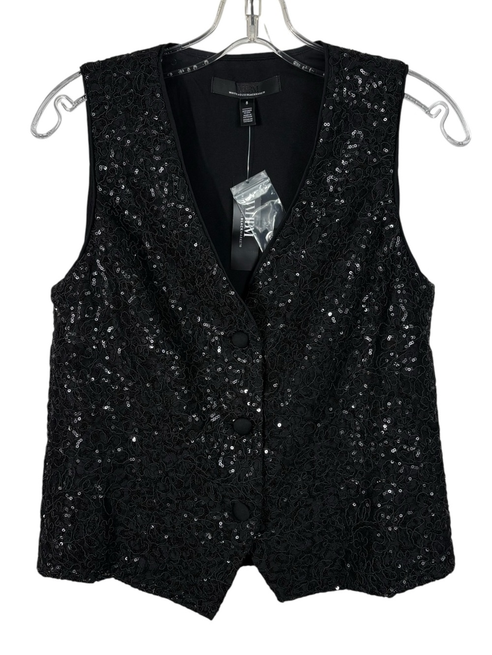White House Black Market WHBM Black Sequin Button Front Vest NWT 8 Holiday Xmas